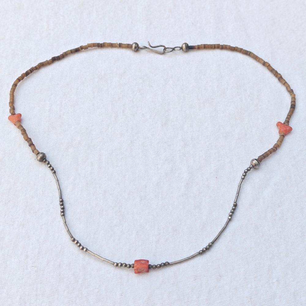 Vintage Liquid Silver Beaded Red Natural Coral Necklace Southwestern Bohemian